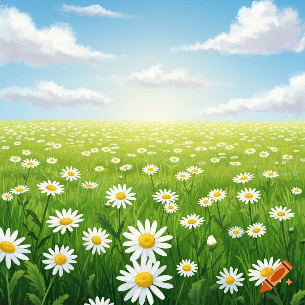 A field of white daisies under a bright blue sky with clouds.