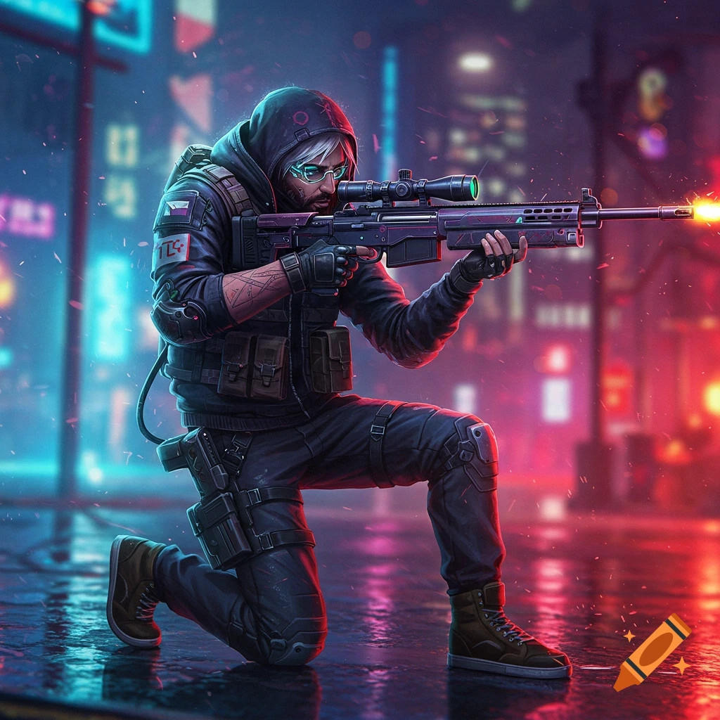 A person in cyberpunk gear is kneeling and aiming a sniper rifle on a neon-lit city street at night.
