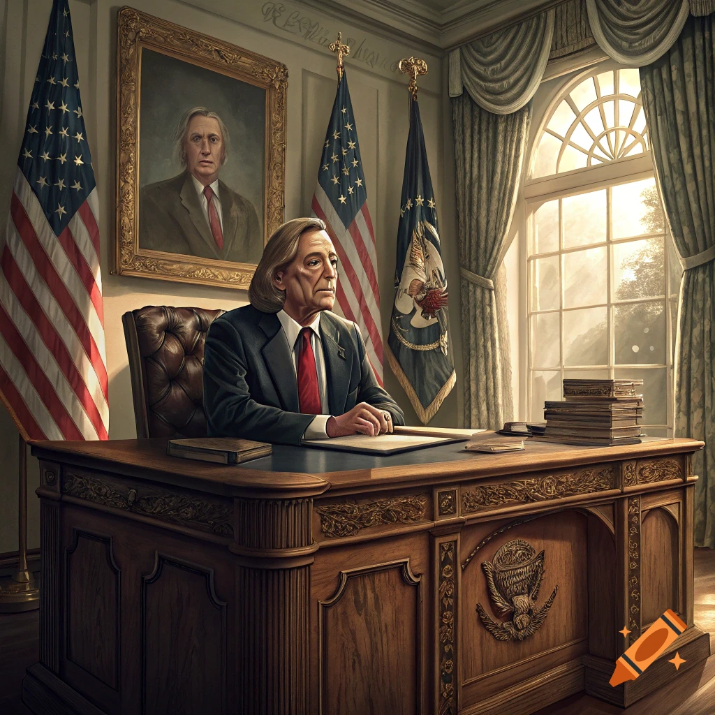 Realistic portrait of a man in a suit sitting at a desk in a historical office with US flags and a portrait.