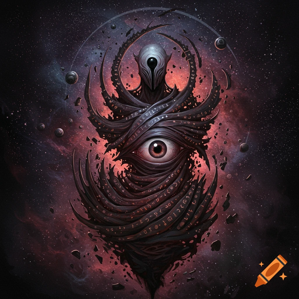 Cosmic entity with a large eye and symbols, set against a background of stars and nebulas.