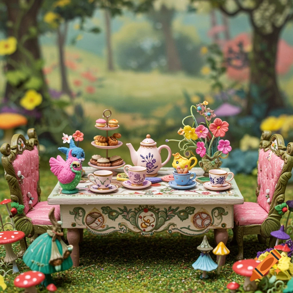 A miniature whimsical tea party in a forest clearing with creatures and mushrooms.