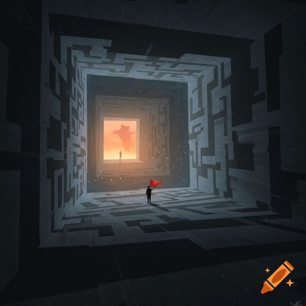 A person with a red flag stands in a dark maze, looking towards a distant opening with a silhouetted figure and large creature against an orange sky. Digital art.