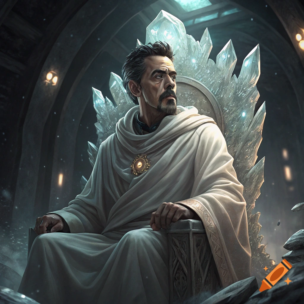 A man with a beard and mustache sits on a large crystal throne in a dark hall.