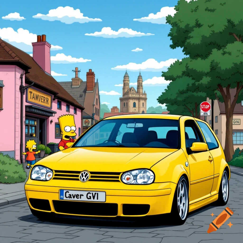 Yellow VW GTI MK4 car on a street with Bart and Lisa Simpson near a tavern in a cartoon style.