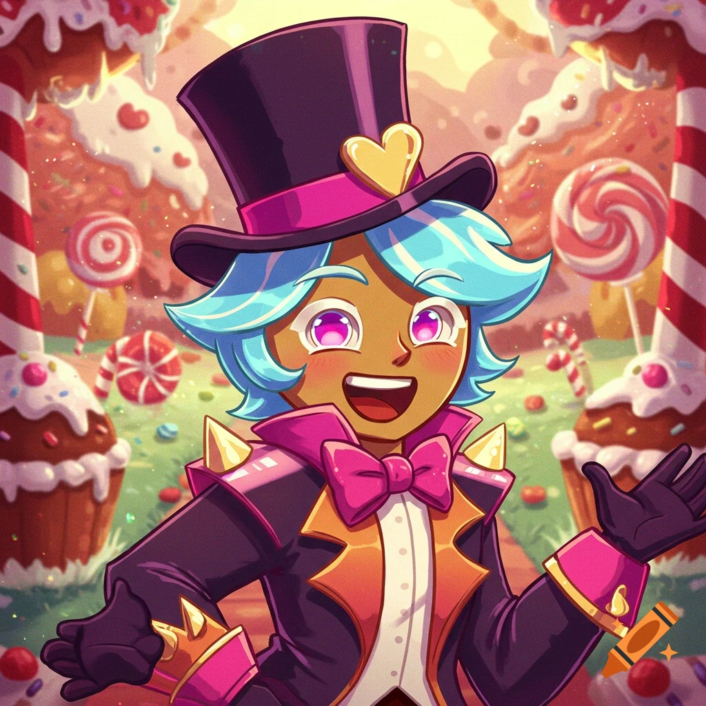 Cartoon character with blue hair and top hat in a candy land setting