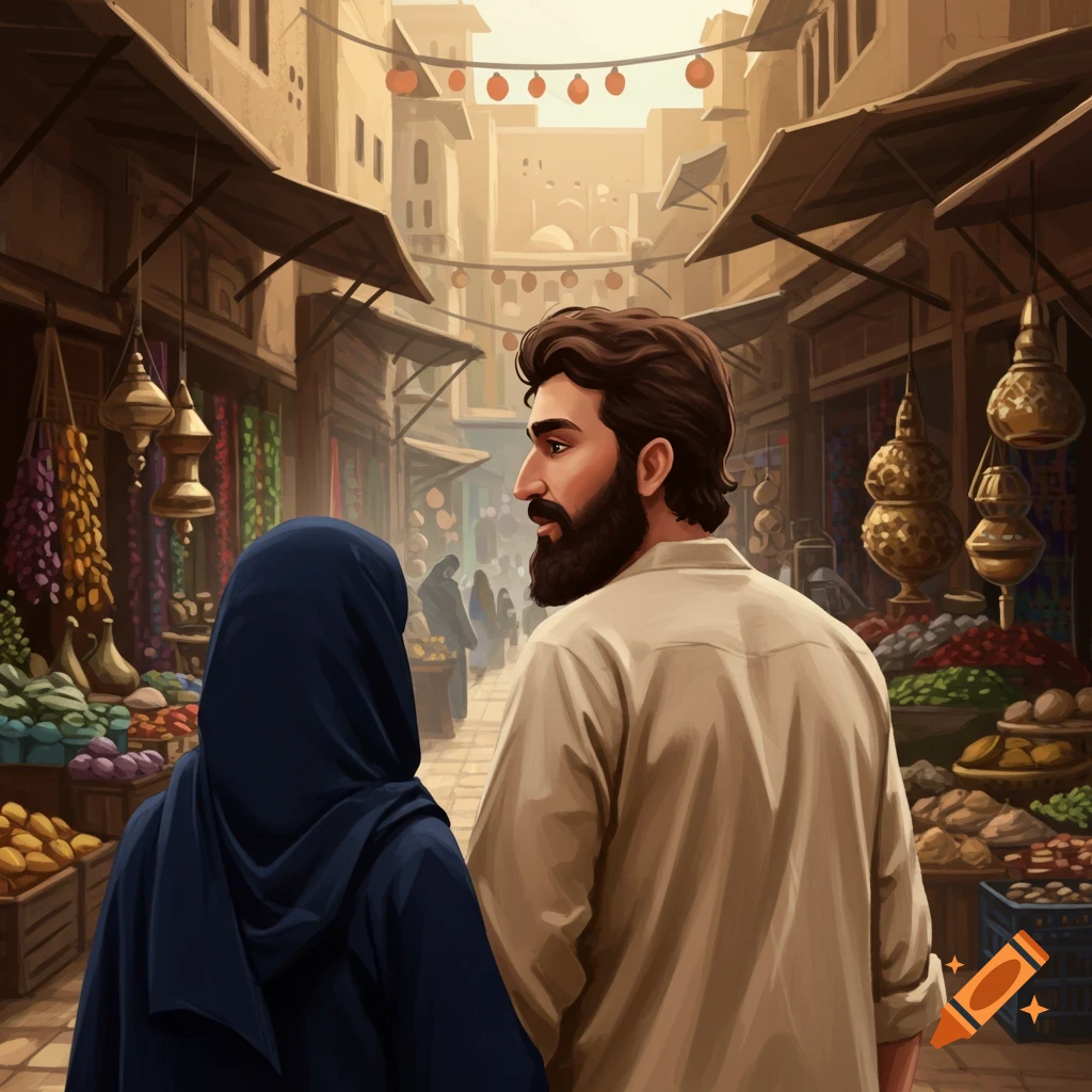 A man and woman looking into a busy market street