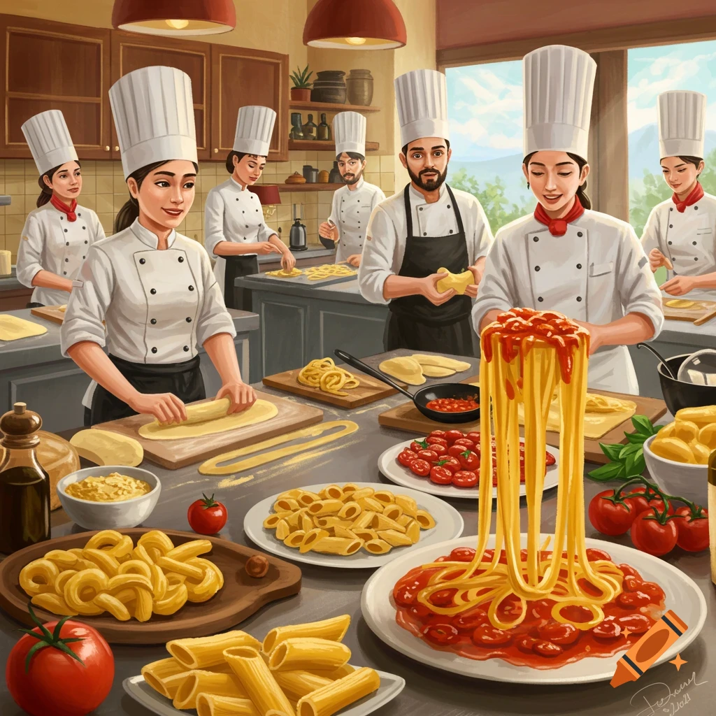 A bustling kitchen with chefs making pasta.