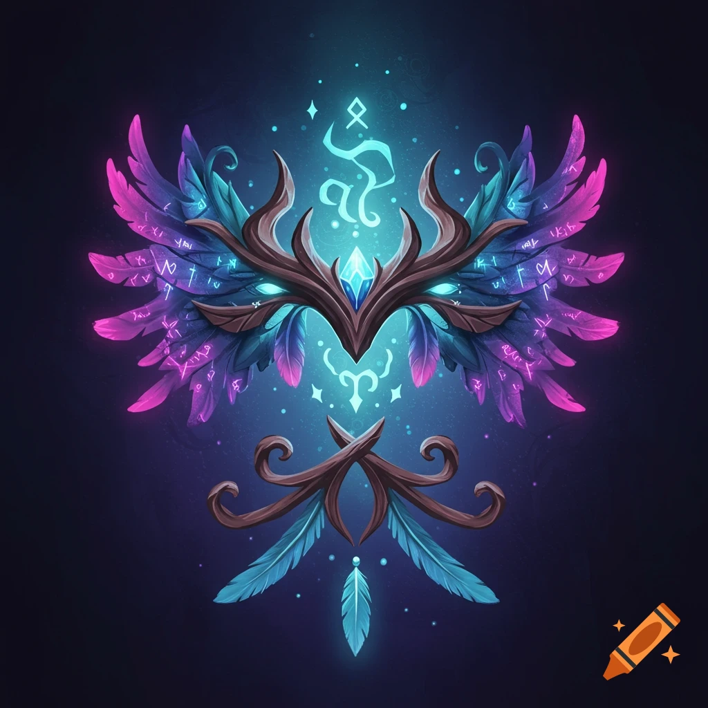 Stylized fantasy decoration with glowing blue and pink wings, runes, and feathers against a dark background.