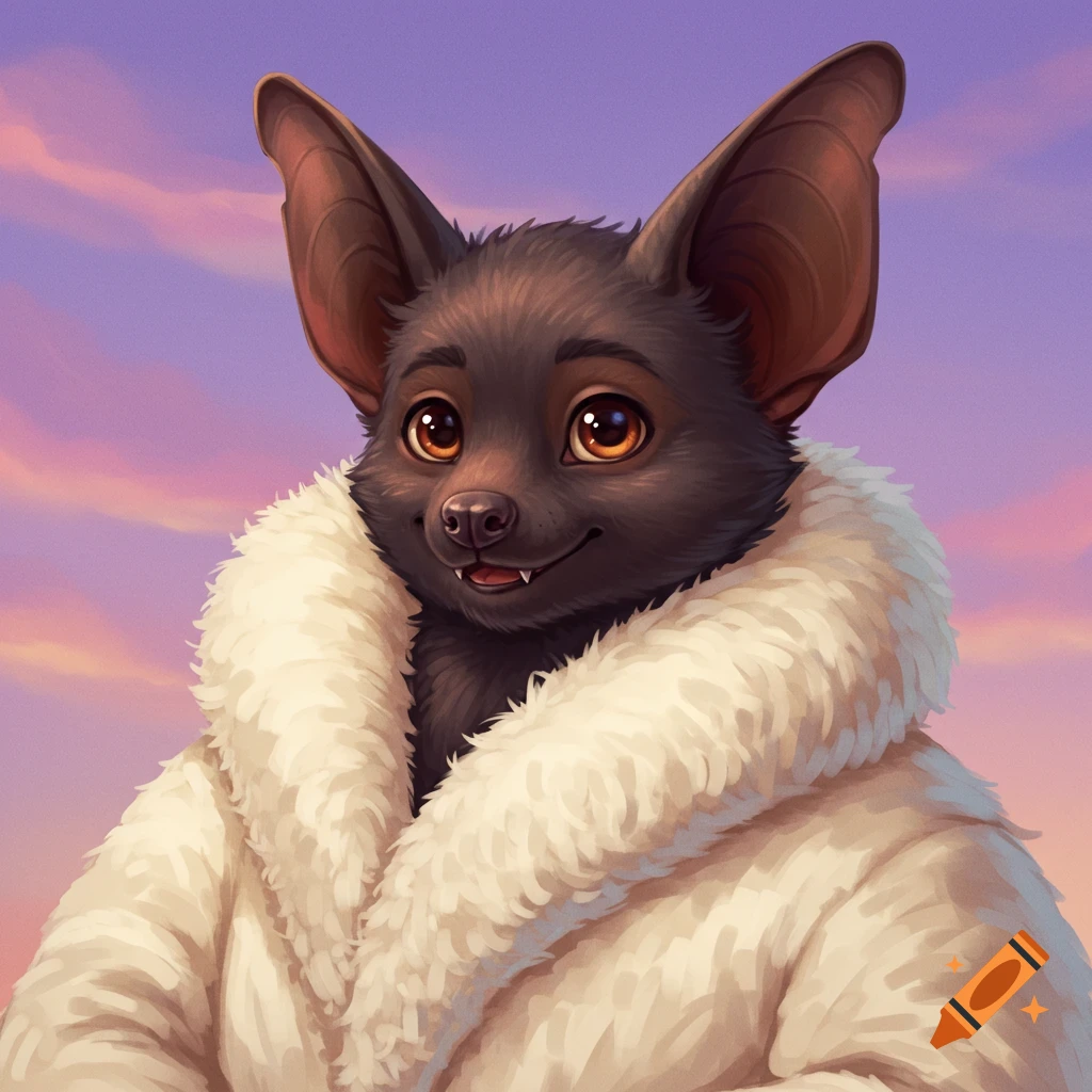 A cute anthropomorphic bat wearing a fluffy white coat against a purple and pink sky.