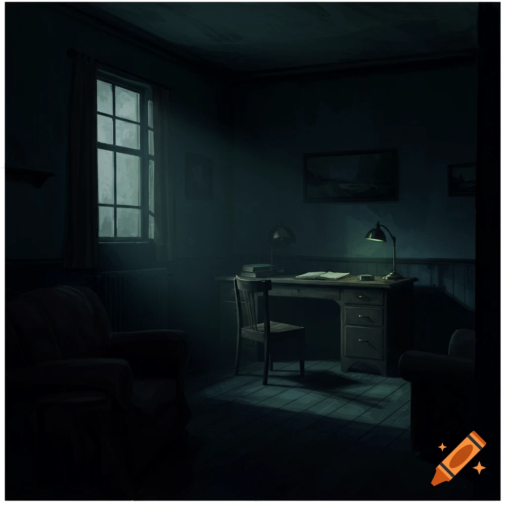 A dark room with a desk, chair, and window lit by moonlight.