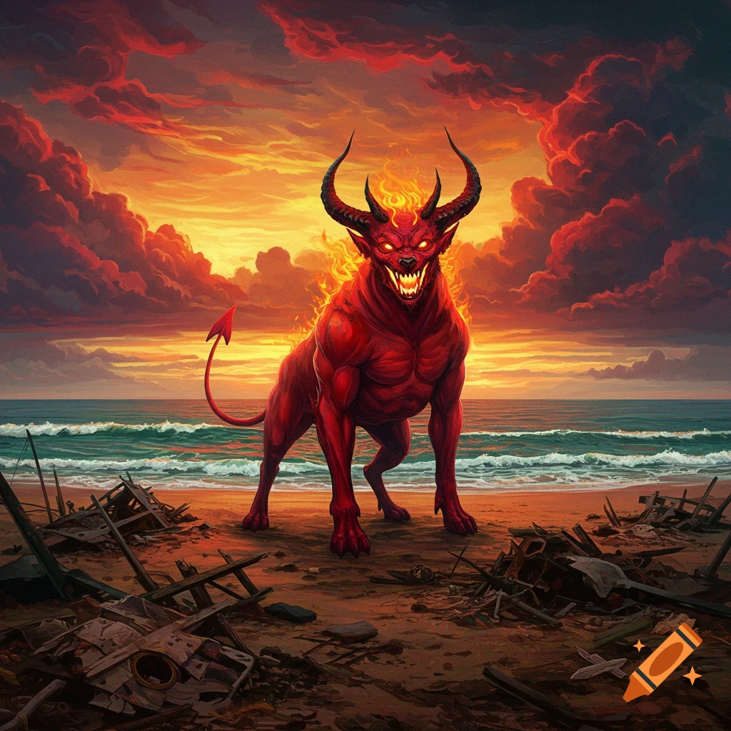 A red devil creature with horns and fire on a beach with debris at sunset.