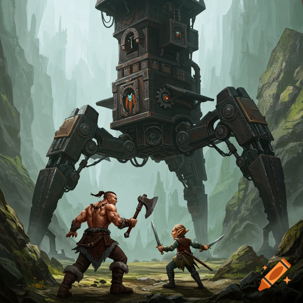A barbarian and halfling fighting a giant mechanical tower in a valley.