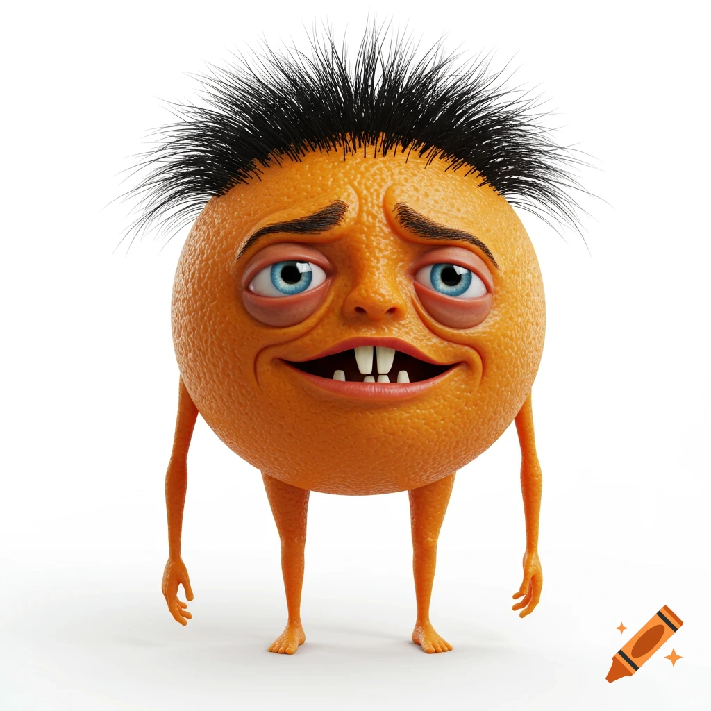 Anthropomorphic orange character with a round body, skinny limbs, blue eyes, large teeth, and black spiky hair.