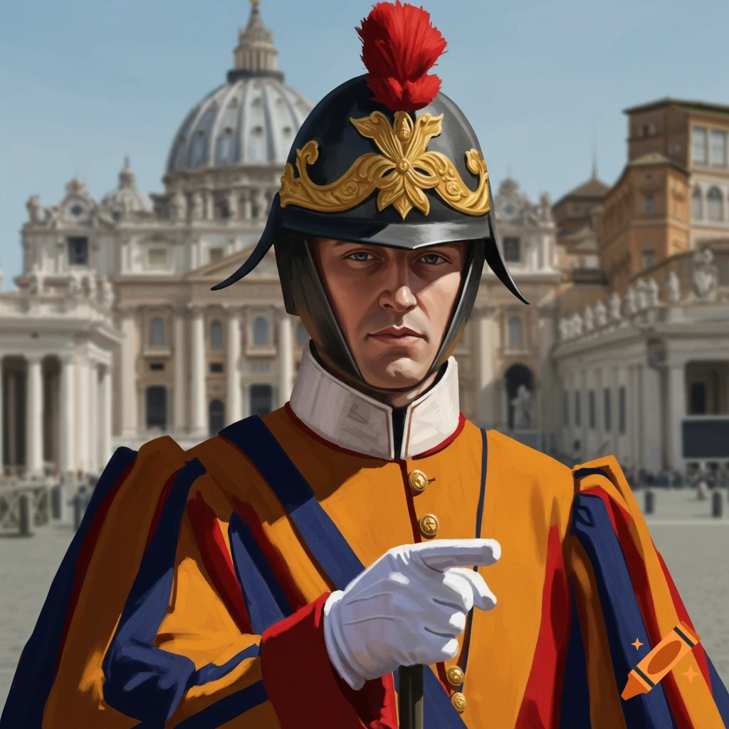 A Swiss Guard in uniform pointing in front of St. Peter's Basilica.
