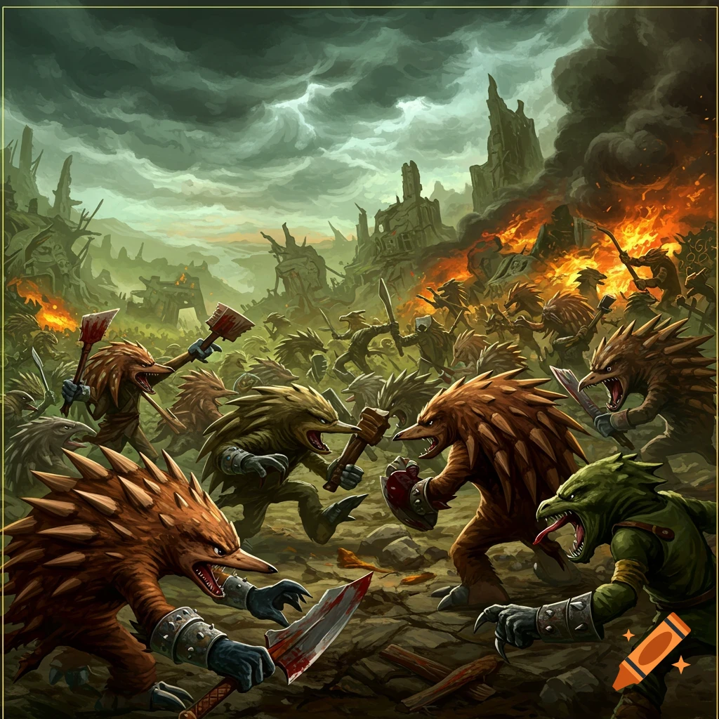 Spiky echidna-like creatures battling with weapons in a ruined landscape with fire.