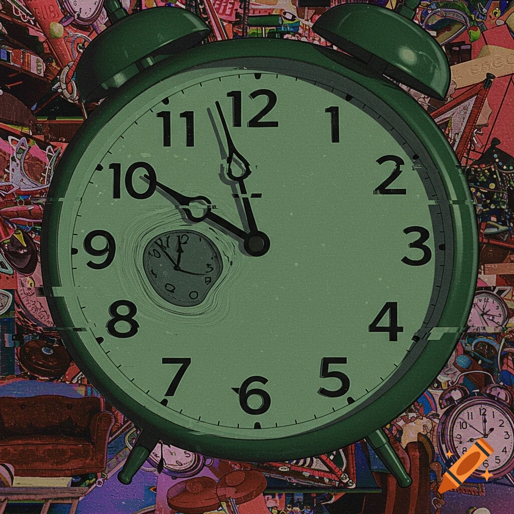 A green alarm clock with a melting, distorted smaller clock face inside it, set against a chaotic collage background in a weirdcore style.