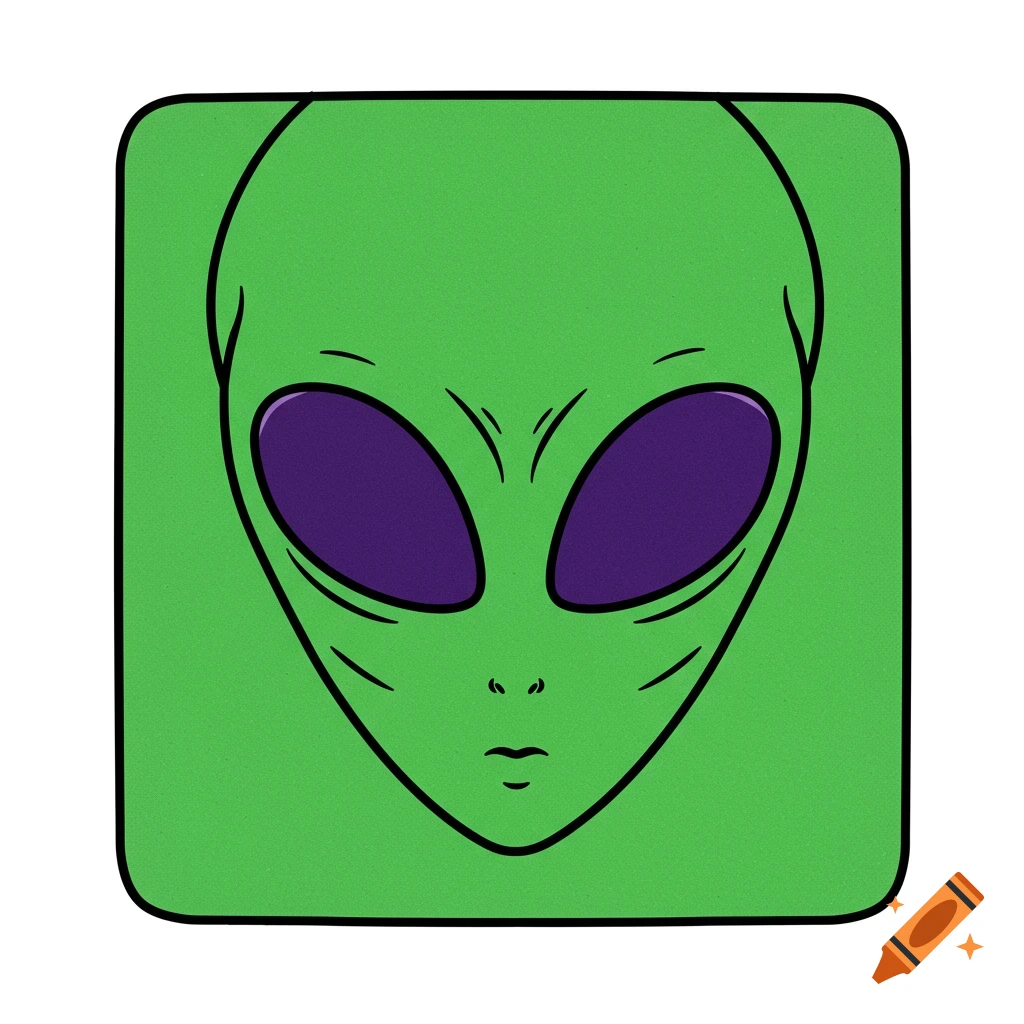 An illustration of a green alien head with large purple eyes on a green background.