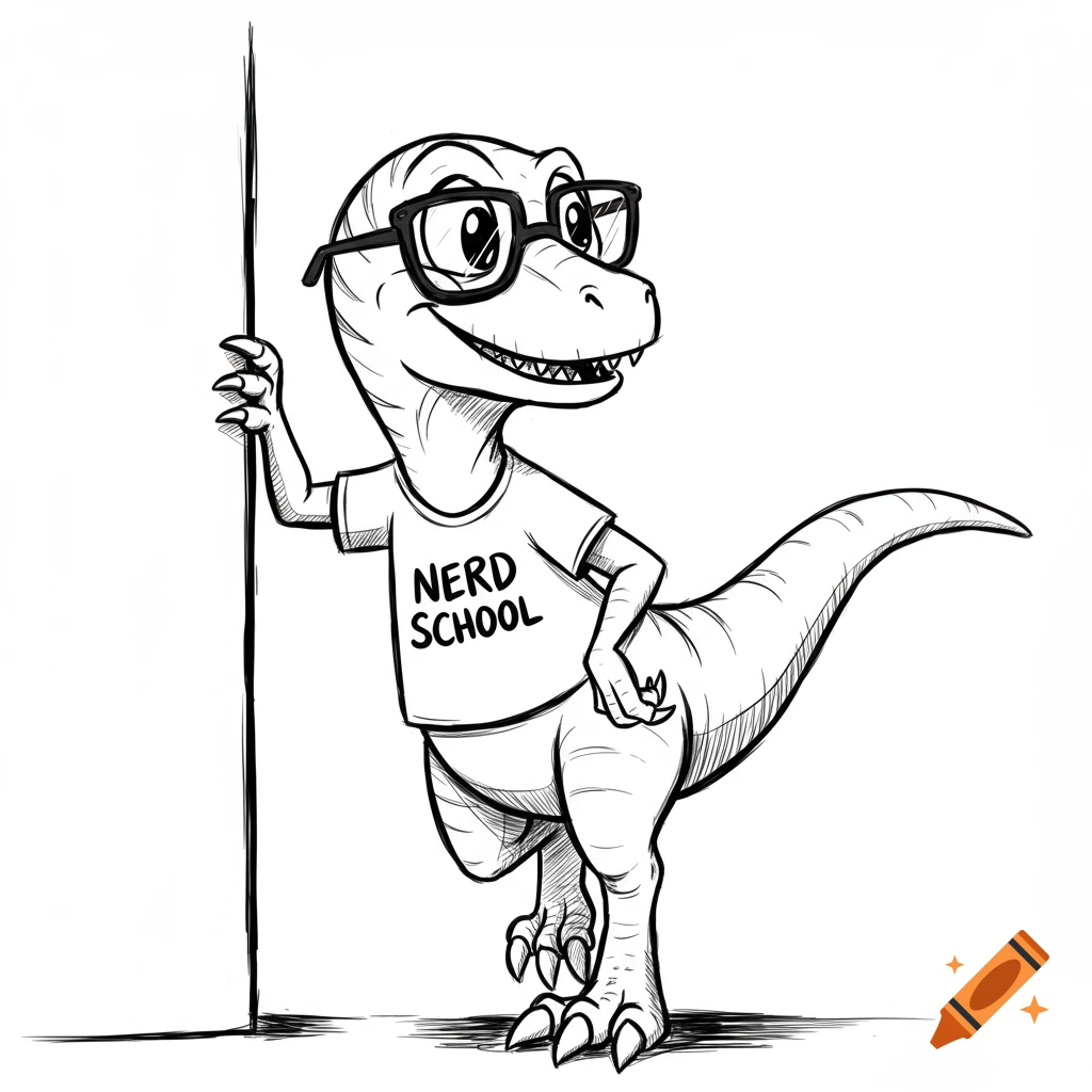A black-and-white sketch of a cartoon velociraptor with glasses and a "Nerd School" shirt, leaning against a wall.