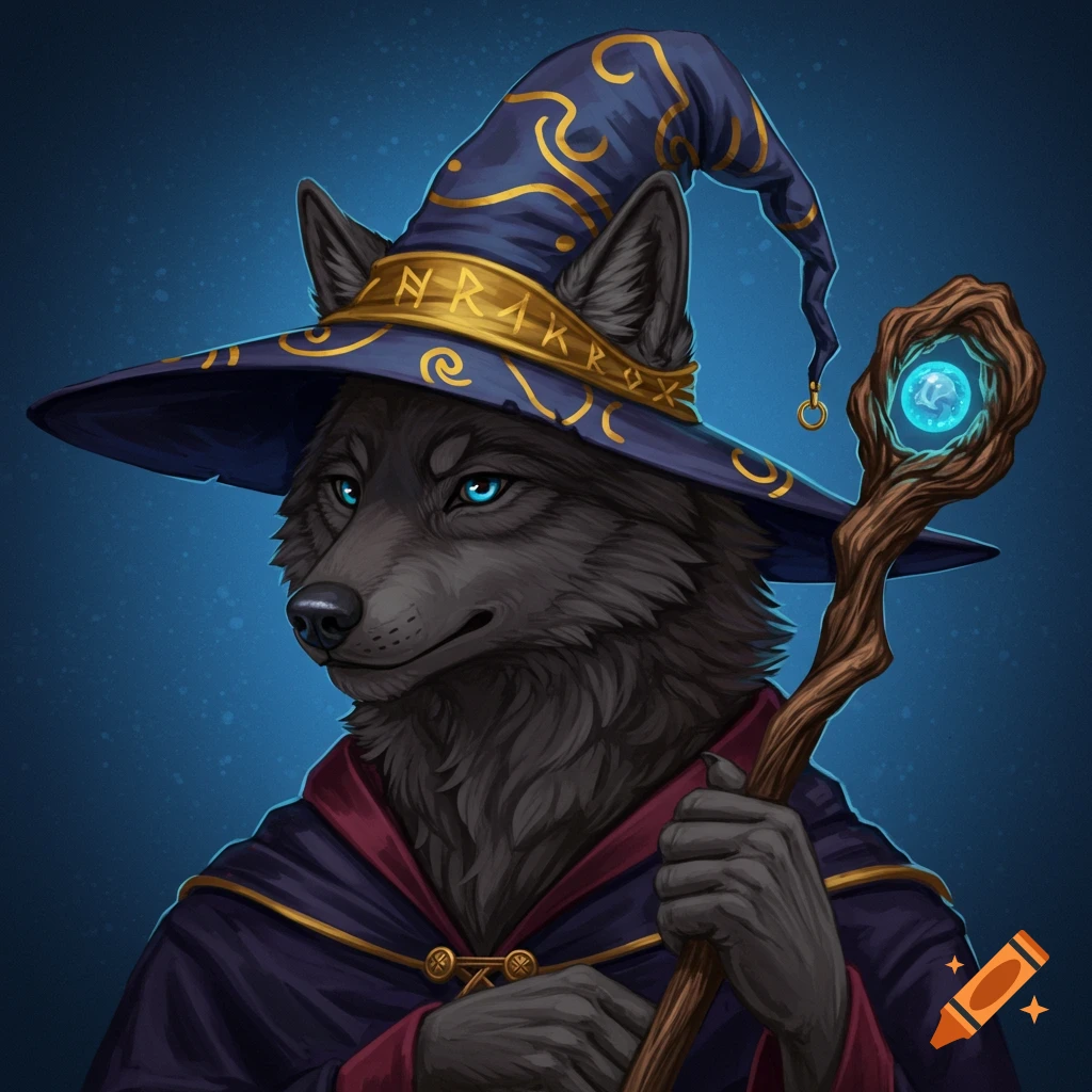 An anthro wolf wearing a blue wizard hat with gold trim and runes, holding a wooden staff with a glowing orb.