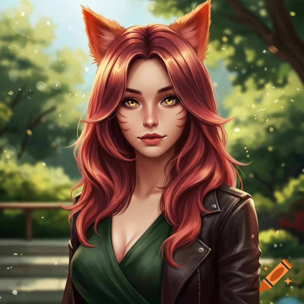 Painting of a woman with red hair, fox ears, and facial markings, wearing a green dress and black leather jacket, in a park.
