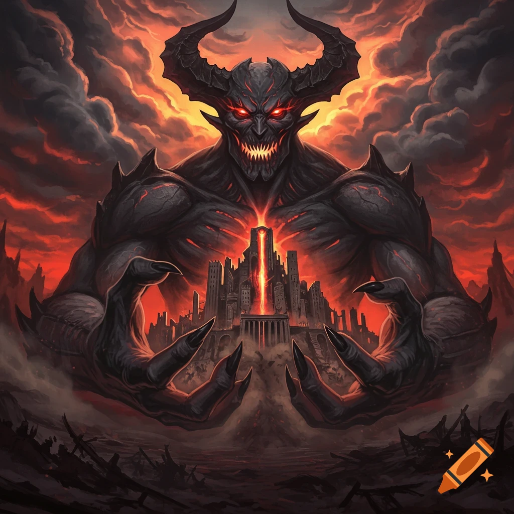 Large dark demon holds a ruined city in clawed hands under a fiery sky.