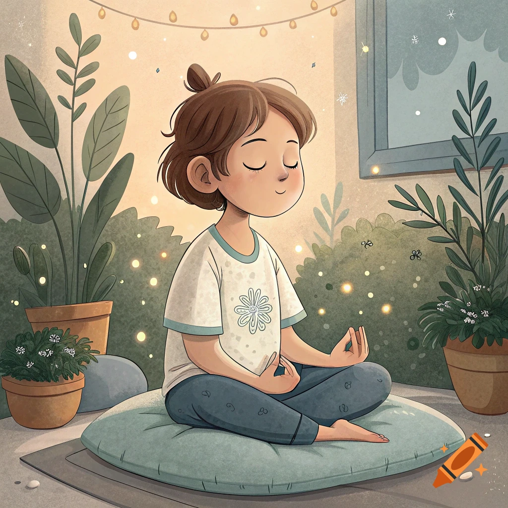 Illustration of a child meditating outdoors on a cushion surrounded by plants and string lights.