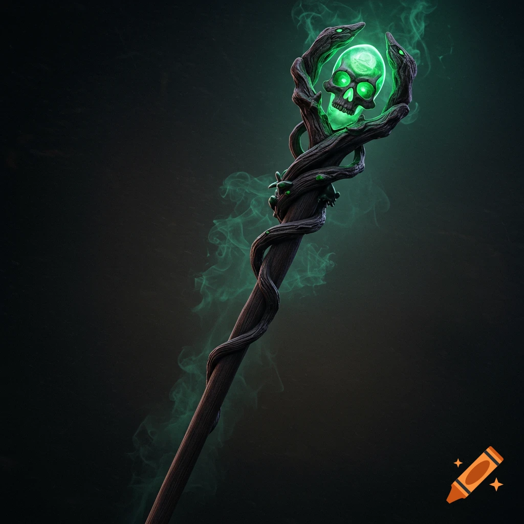 A mage staff topped with a glowing green skull wrapped in twisted branches, with green smoke curling around it.