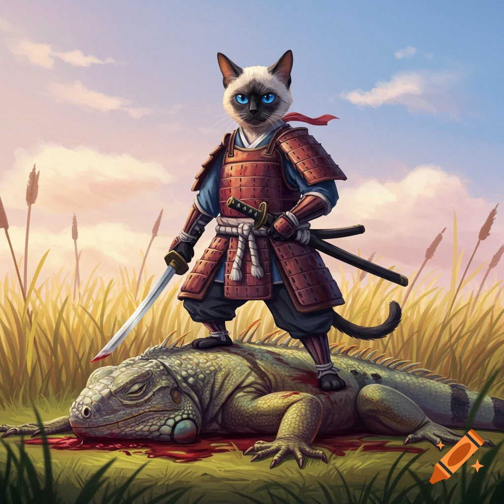 A Siamese cat dressed as a samurai stands over a dead iguana in a field.