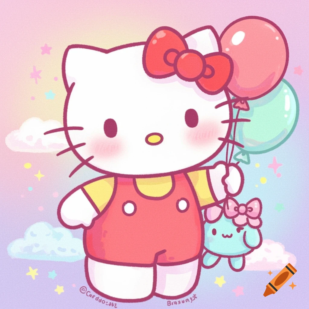 Hello Kitty holding pink and mint green balloons and a small blue plush toy in a cute pastel illustration style.