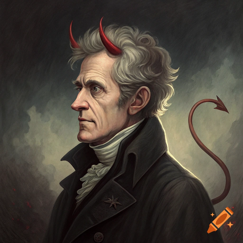 Painting of Andrew Jackson with red devil horns and tail, wearing historical coat and ruff.