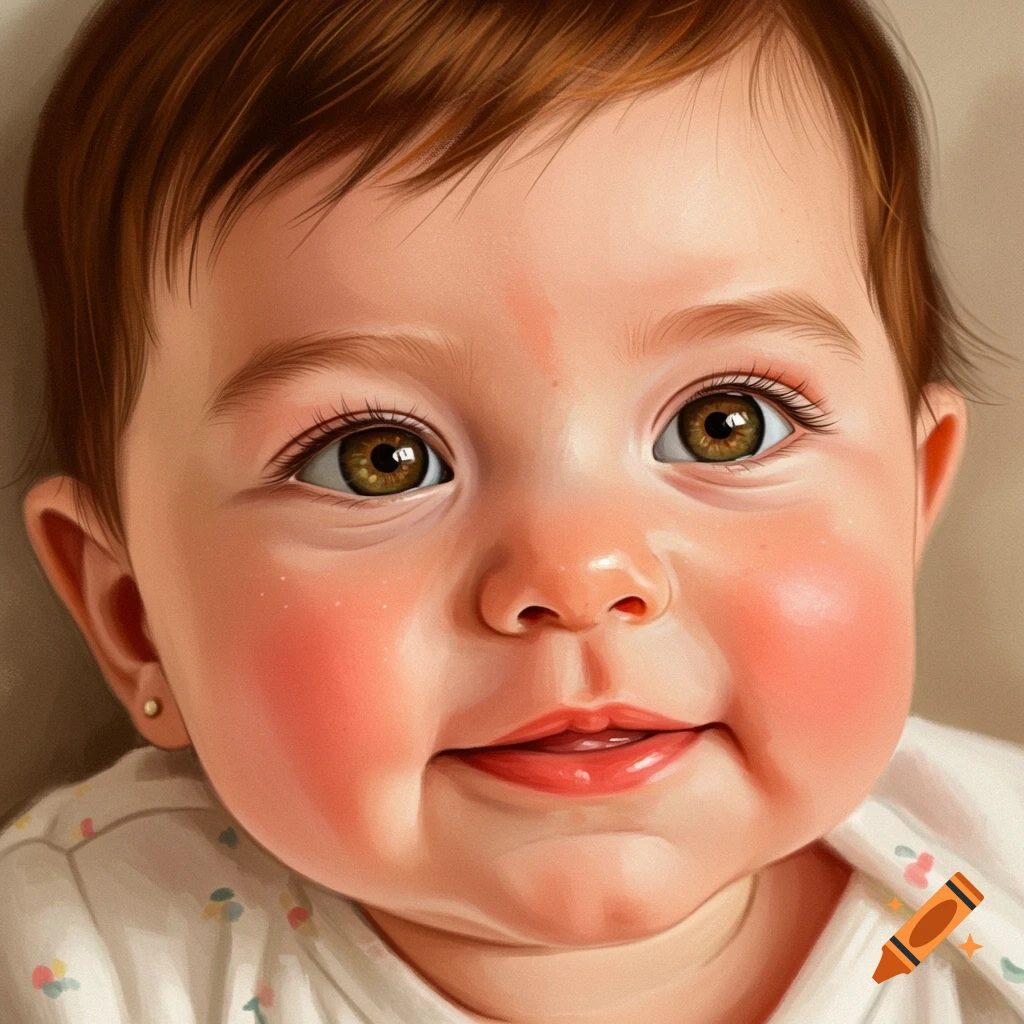 Close-up of a baby with rosy cheeks and hazel eyes.