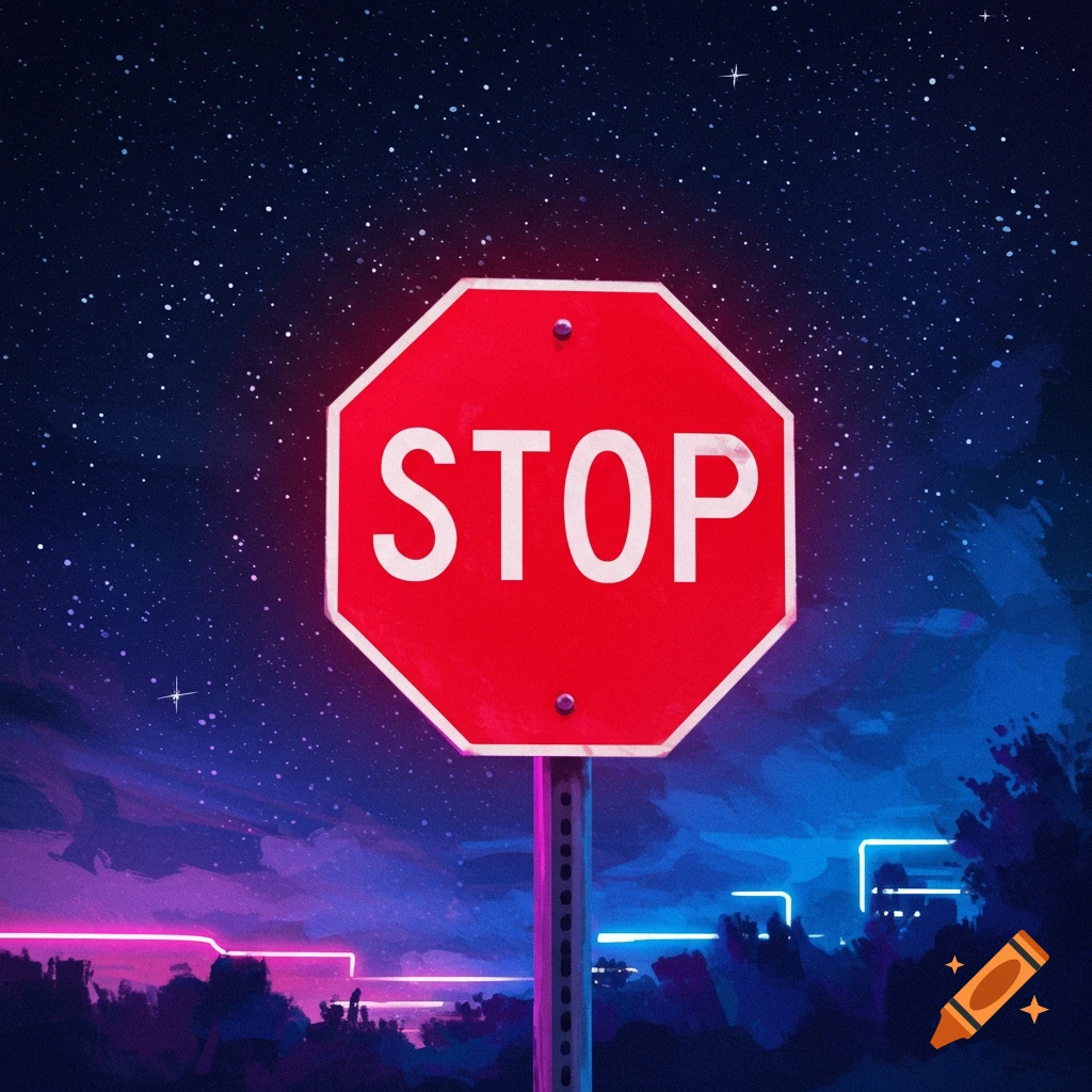 Stop sign at night with a starry sky and neon lights.