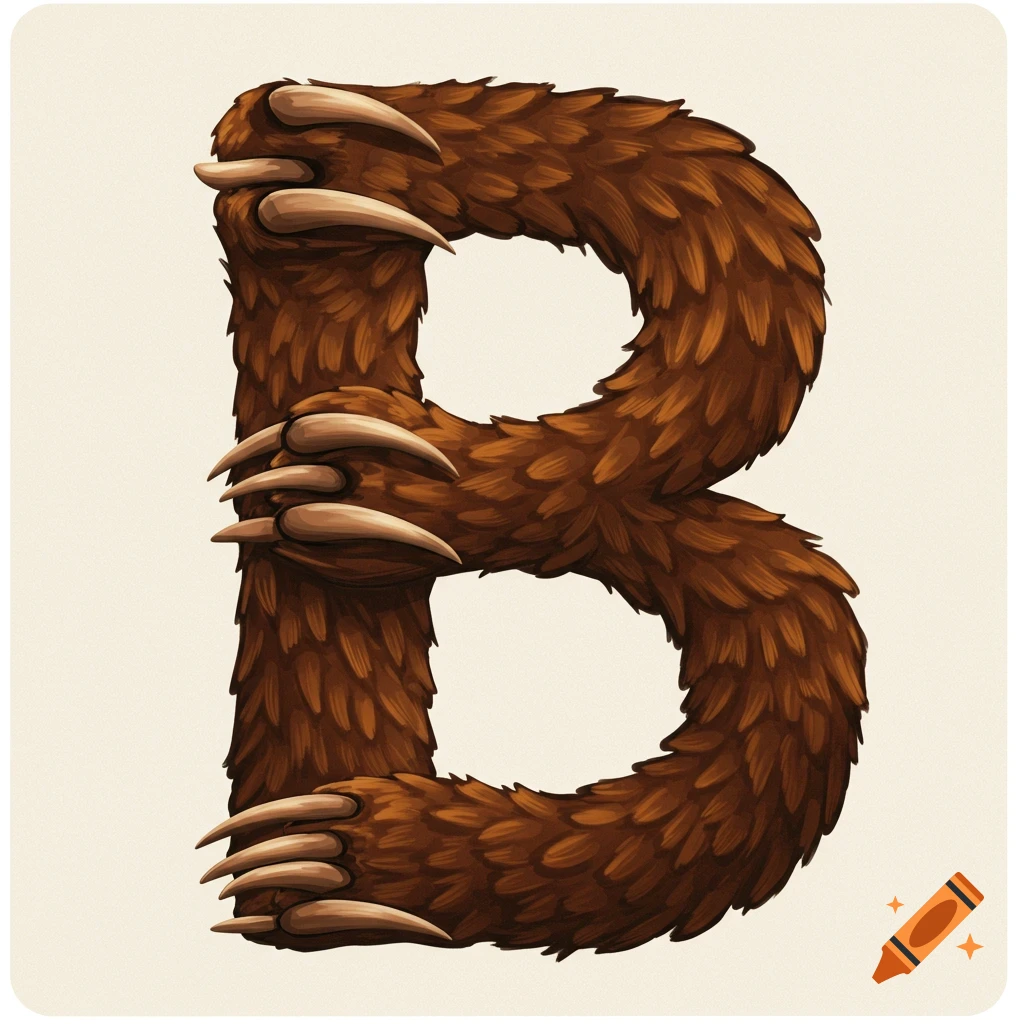 Illustration of the letter B made from brown fur and bear claws.