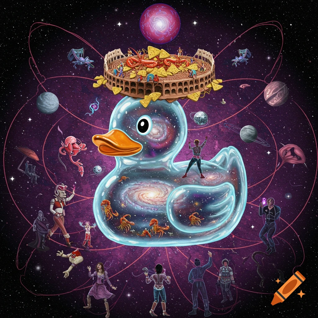 A surreal image of a transparent rubber duck containing galaxies, floating in space with a nacho coliseum on its head and dancing figures around.