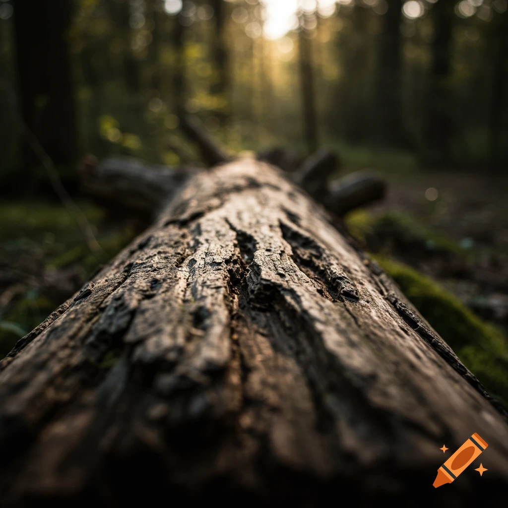 Close-up view of a textured wood log lying on mossy ground in a forest, with bokeh light filtering through trees.