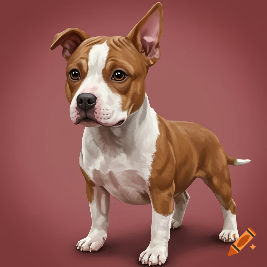 A brown and white pitbull puppy stands against a maroon background.