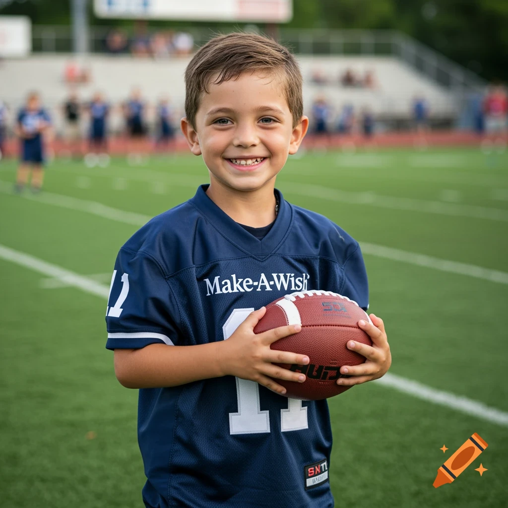 Young boy in a navy football jersey holding a football on a field, smiling. Photorealistic style.