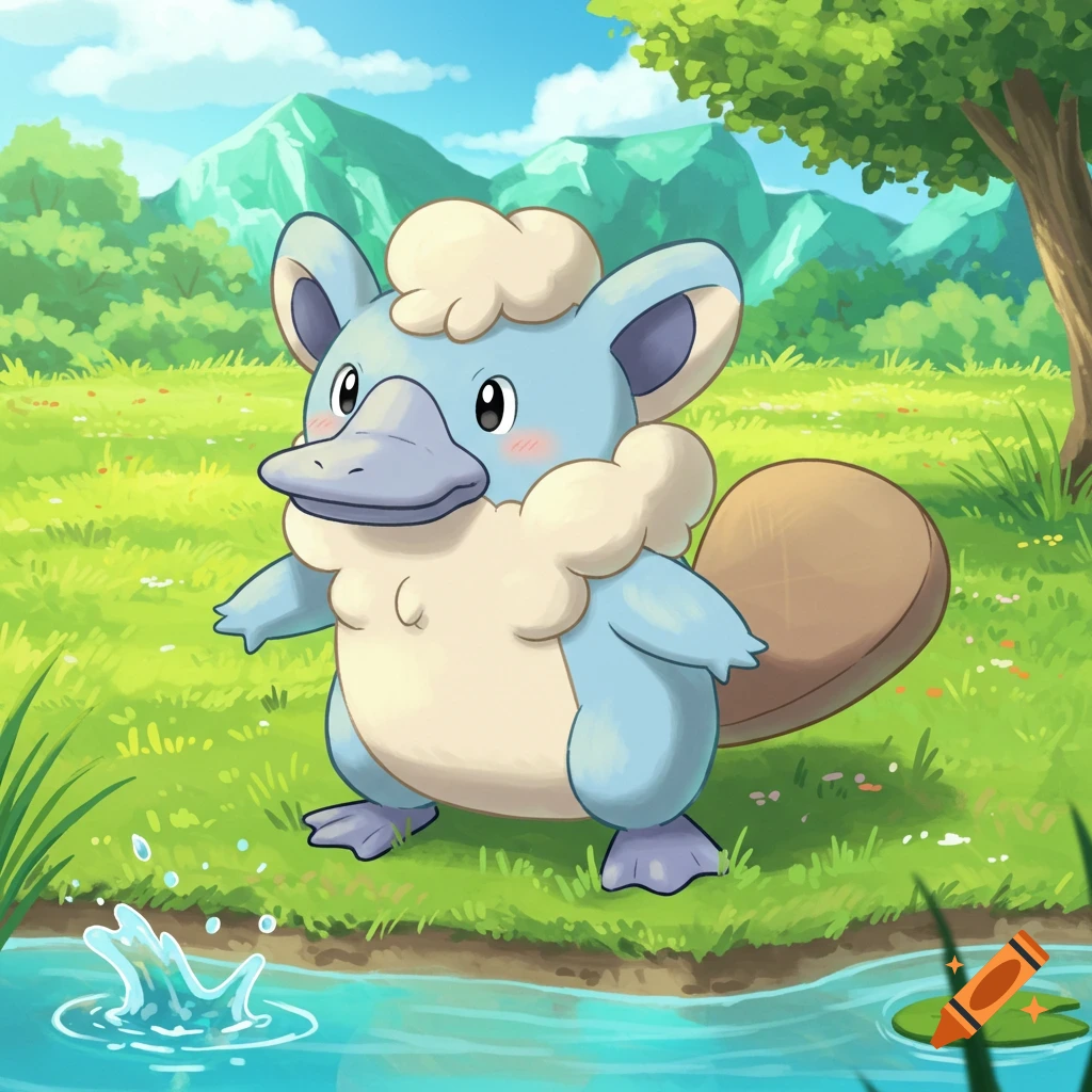 A blue cartoon creature resembling a platypus or Pokémon stands by a stream in a grassy field.