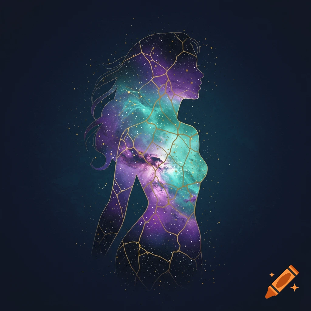 Silhouette of a woman filled with a galaxy and gold cracks on a dark background