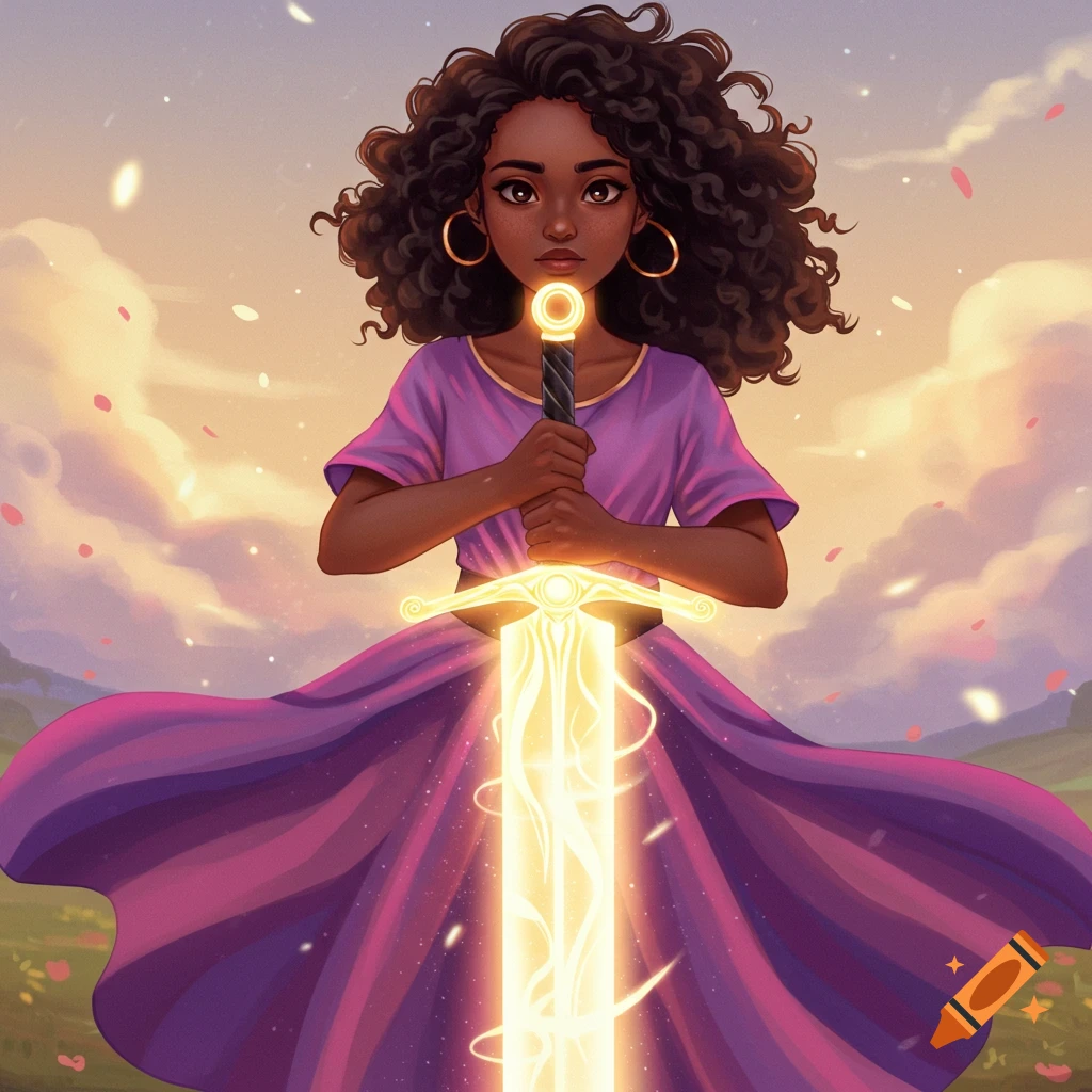 A young woman with curly hair in a purple dress holds a glowing golden sword against a cloudy sunset.