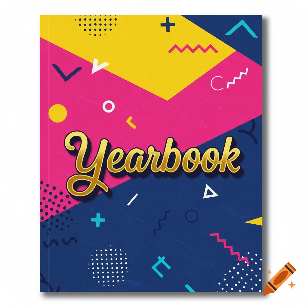 A colorful yearbook cover with geometric shapes and the word Yearbook in script.