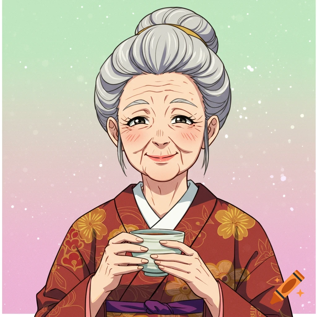 An elderly Japanese woman in anime style holds a cup of tea and smiles.