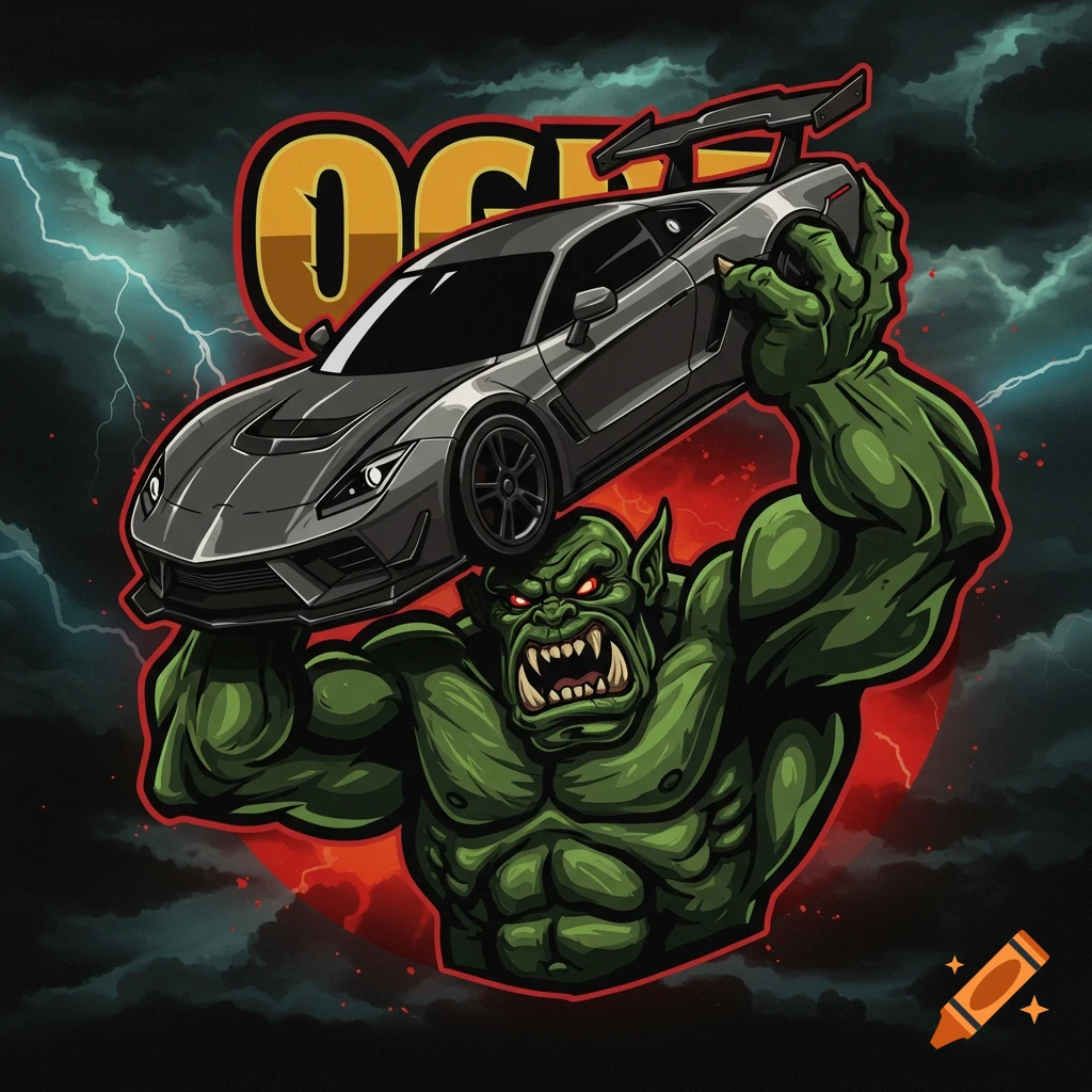 A green ogre holding a silver sports car overhead against a stormy background with logo text.