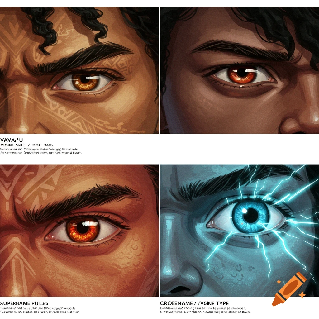 Four panels showing character eyes with unique stylized pupils and facial markings.