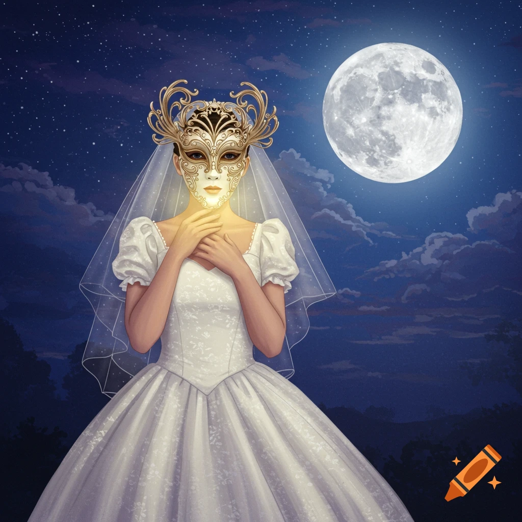 A woman in a wedding dress and golden mask stands under a full moon at night.