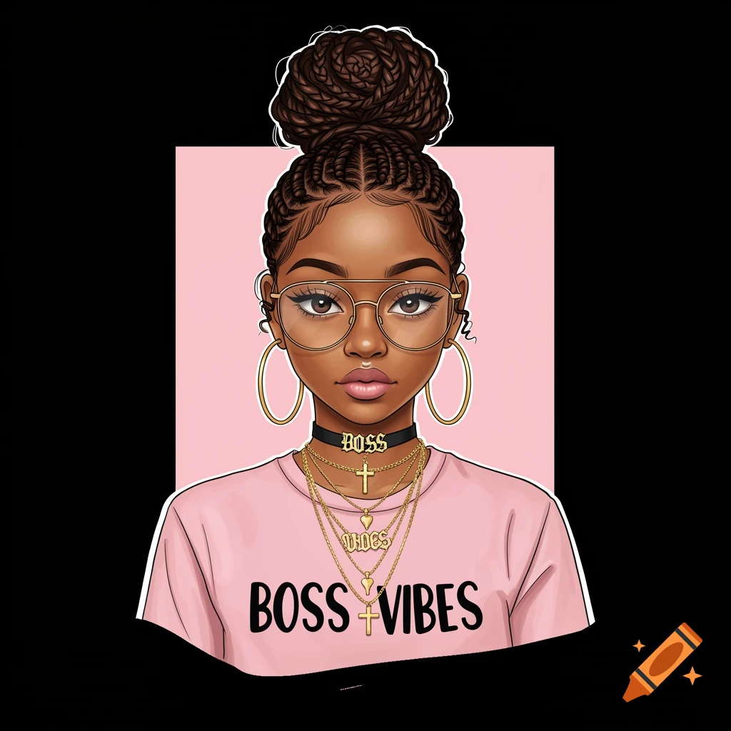 Stylized illustration of a woman with braided hair in a bun, wearing glasses, gold hoops, necklaces, and a pink shirt with 'Boss Vibes'.