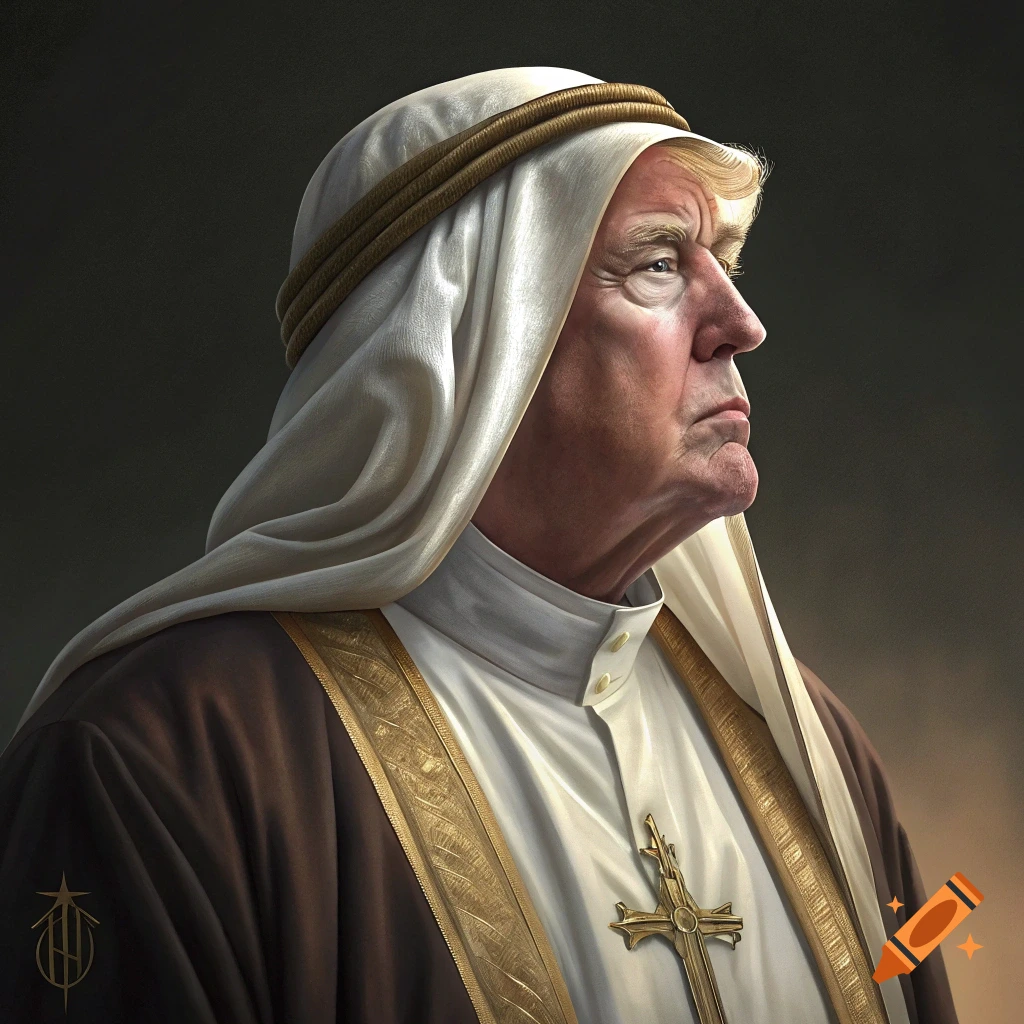 Photorealistic portrait of a man resembling Donald Trump wearing a white head covering, brown and white robe, and a large gold cross.