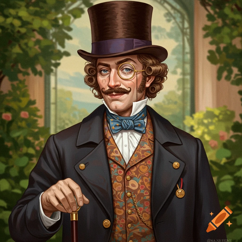 Painting of a man in a top hat, monocle, and patterned waistcoat, holding a cane in a garden.