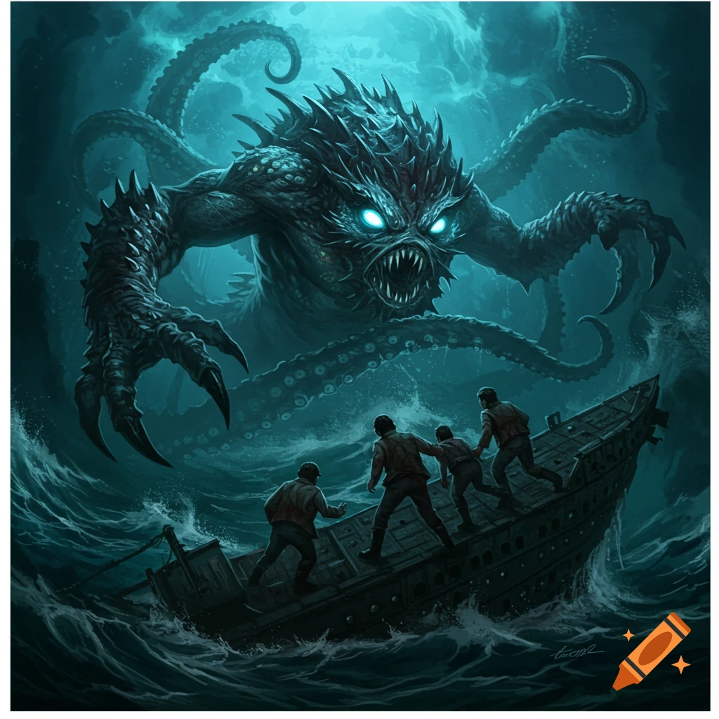 A large sea monster with glowing eyes and tentacles is attacking survivors on a sinking boat in a stormy sea.