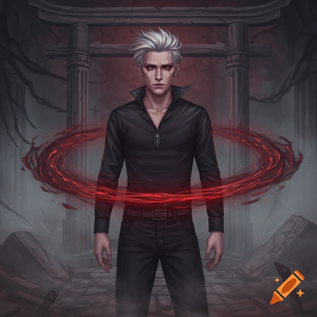 A young white-haired sorcerer with red eyes and a swirling red aura stands in a ruined shrine.